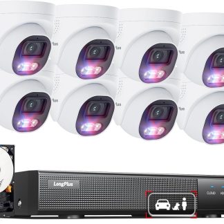 LongPlus Security Camera System, 4K Cameras 16 Channel Wired Cameras for Home Security Camera Outdoor 4TB 8pcs Wired PoE Cameras System with AI Detection, Audio&Strobe Light Alarm LP8MEF8