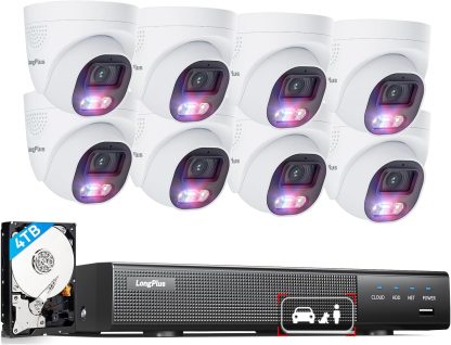 LongPlus Security Camera System, 4K Cameras 16 Channel Wired Cameras for Home Security Camera Outdoor 4TB 8pcs Wired PoE Cameras System with AI Detection, Audio&Strobe Light Alarm LP8MEF8